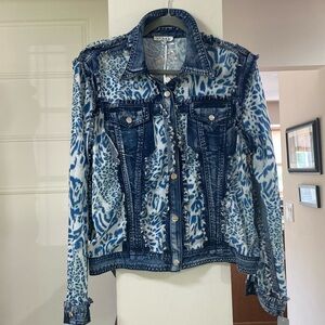 Adore Denim Jacket NEW With Tag Sz Large Mesh cheetah print Denim Fringe Org.$89